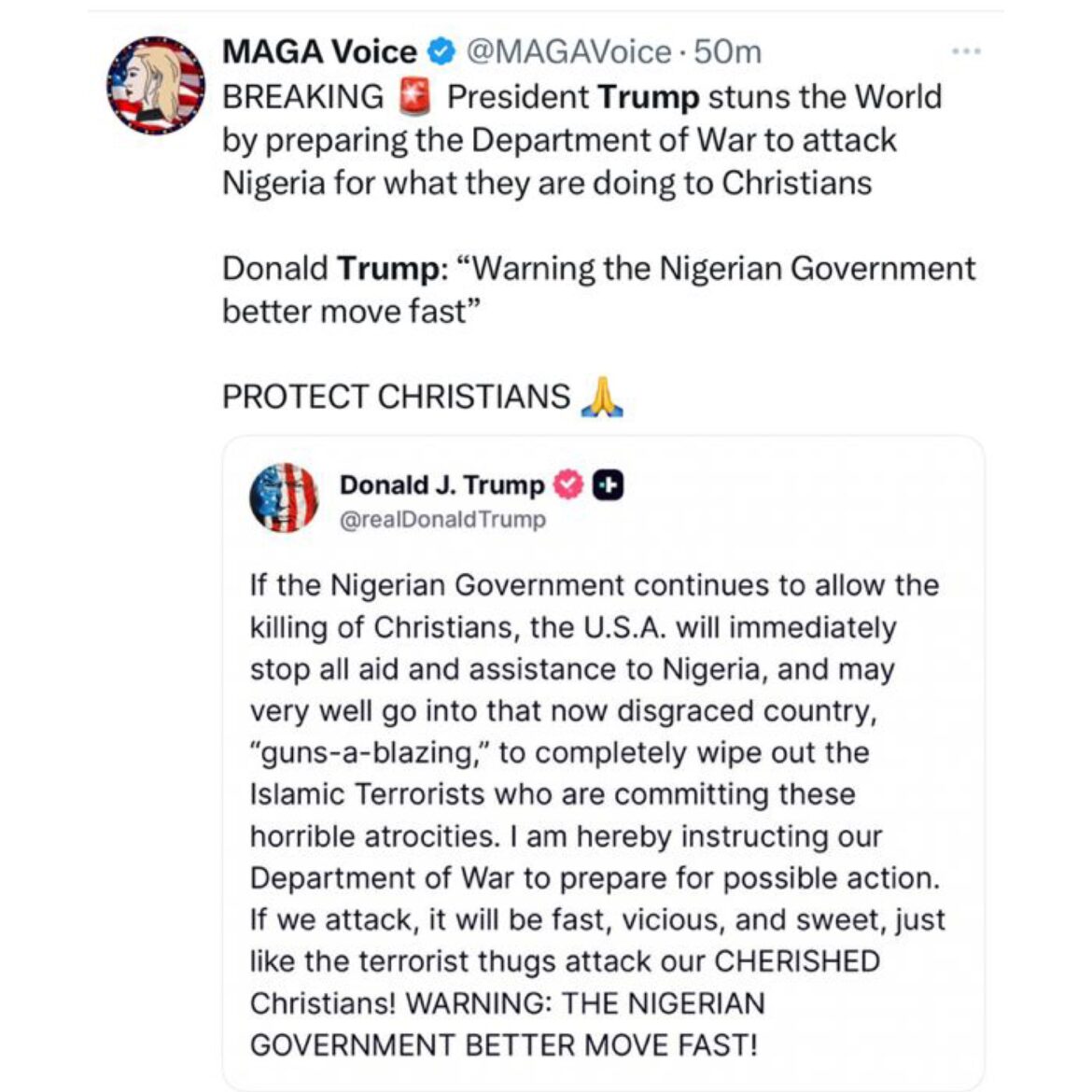 US President Donald Trump threatens military action should k!lling of Christians continue in Nigeria