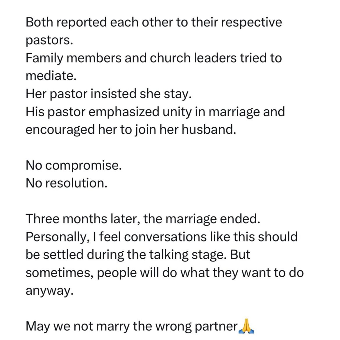 Couple go their separate ways three months after wedding over decision on whose church to attend