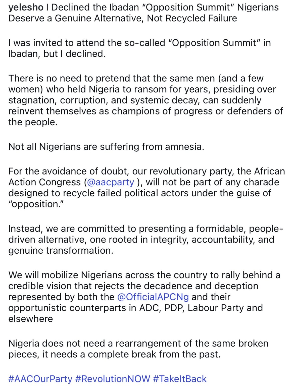 I declined invite to opposition summit in Ibadan â Omoyele Sowore